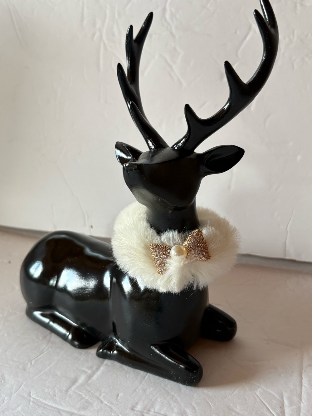 NEW - Glossy Black Christmas Reindeer w/ Faux Fur, Glitter Bow & Pearl